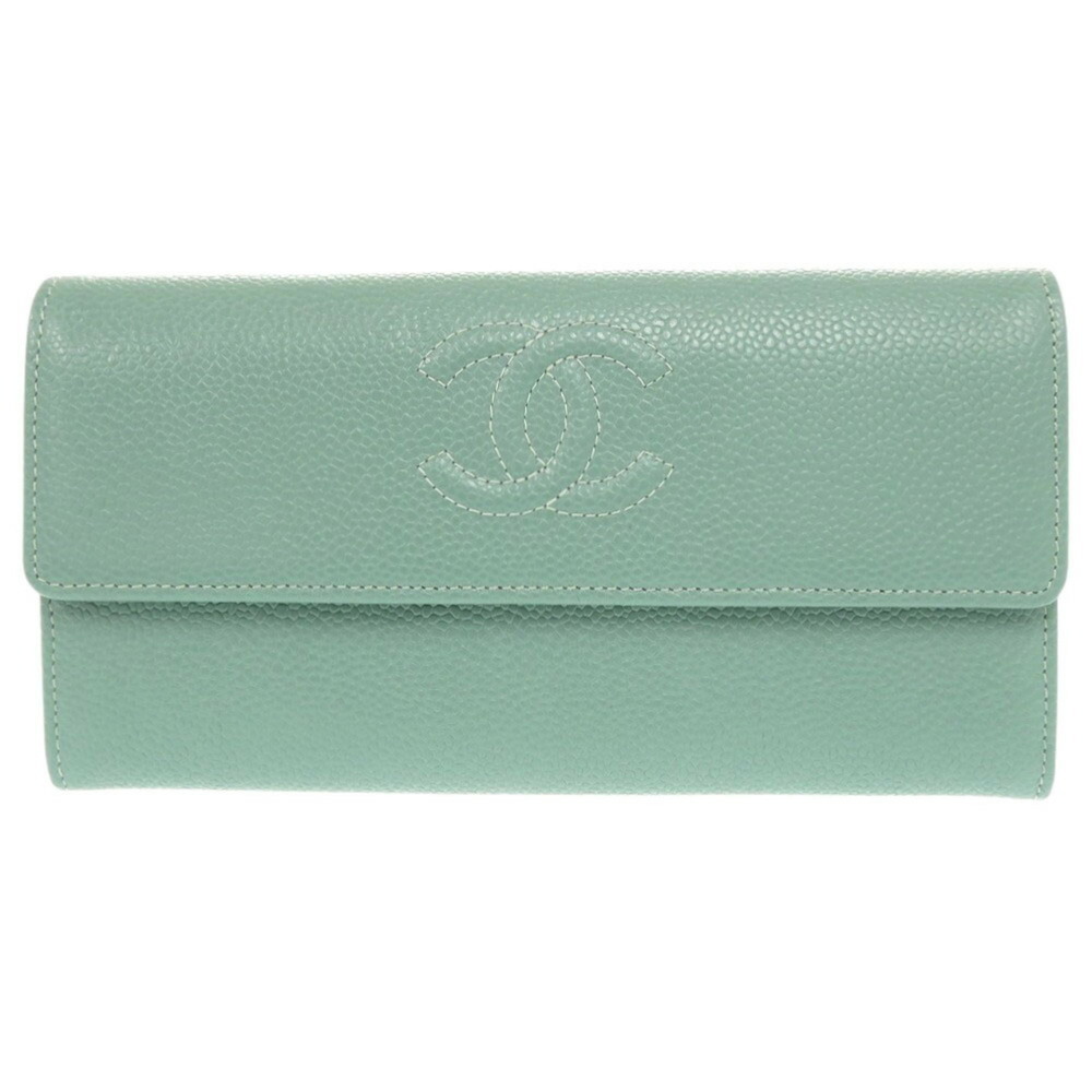 CHANEL Authentic Green Caviar Leather Logo Wallet
